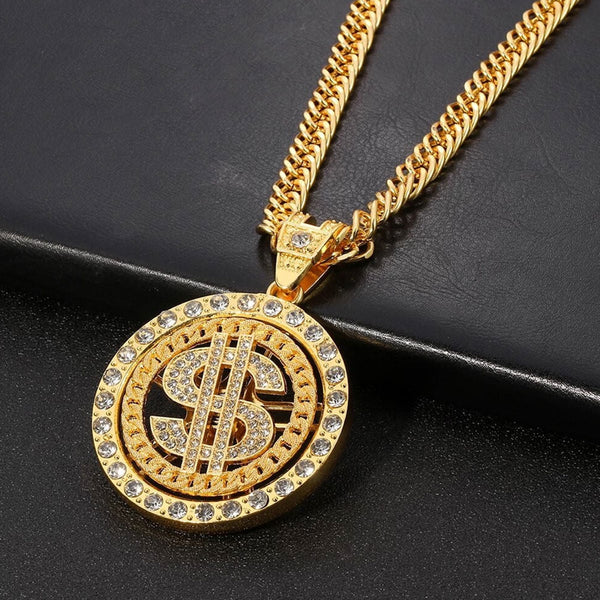 Rotating Dollar Pendant Iced Out Bling Gold Necklace