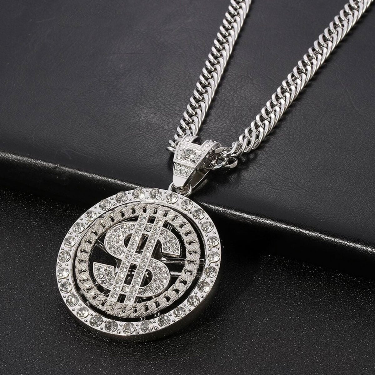 Rotating Dollar Pendant Iced Out Bling Silver Necklace