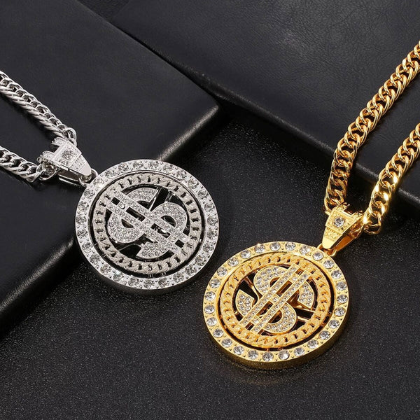 Rotating Dollar Pendant Iced Out Bling Necklace