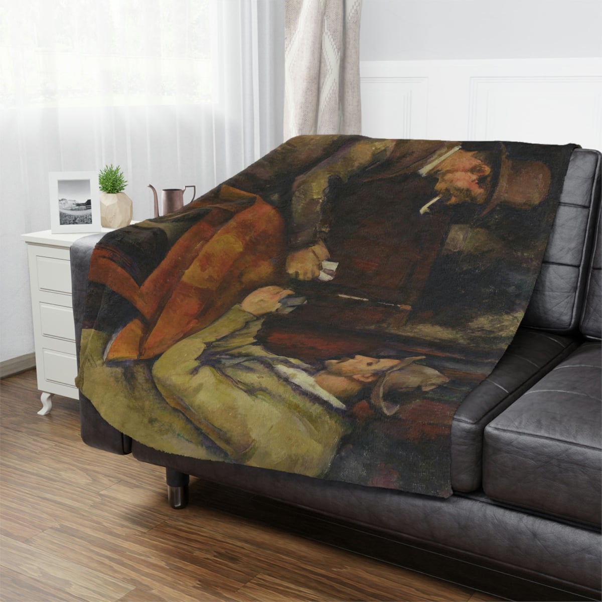 Cézanne's 'The Card Players' Art Blanket draped over a sofa