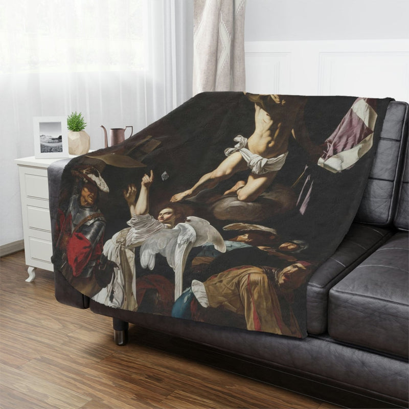 High-Resolution Caravaggio Art Blanket draped on a sofa