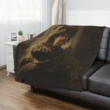 Elegantly styled 'The Standard Bearer' Rembrandt Art Blanket on a cozy sofa