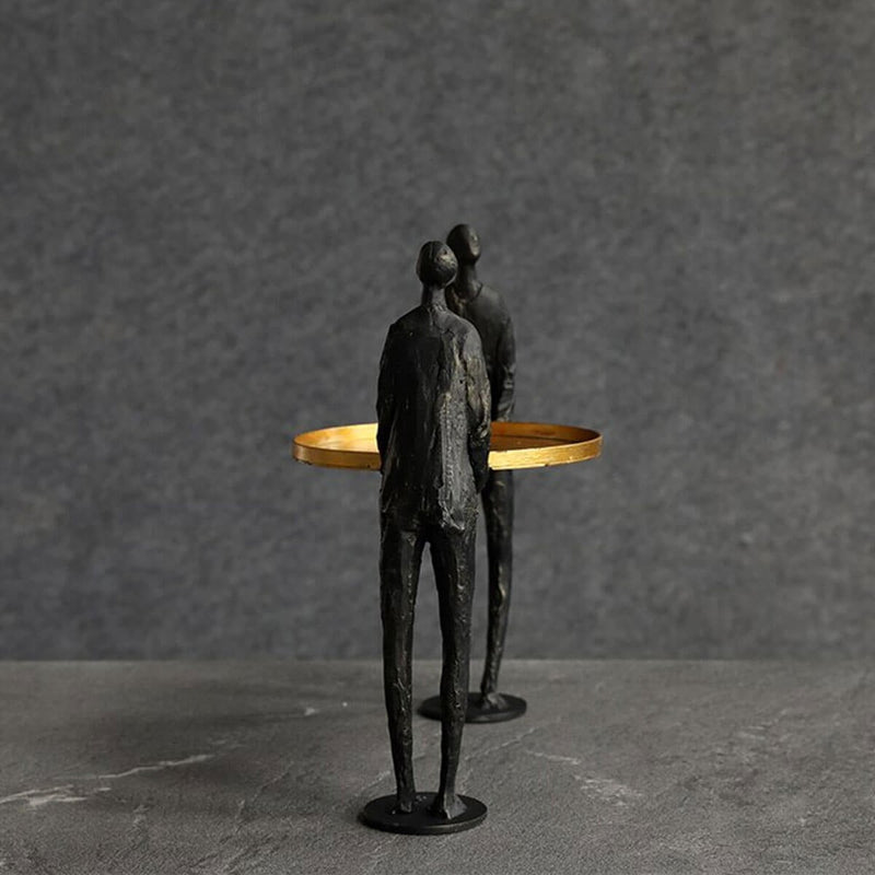 Two Metal Abstract Figures Carrying Golden Plates Statue Sculpture Modern Art