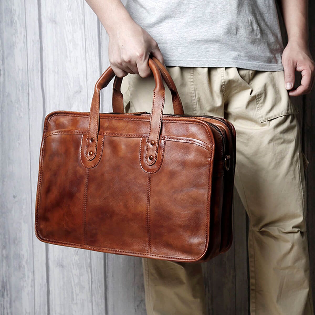 Vintage Premium Leather Handbag Large Capacity Business Briefcase