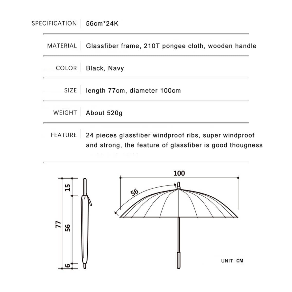 Windproof 24K Glassfiber Frame Wooden Luxury Umbrella